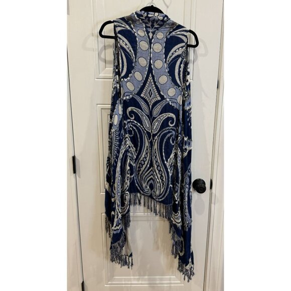 Raj Bohemian Fringe Vest One Size EUC Blue Gray Paisley Boho One Size - Picture 2 of 6